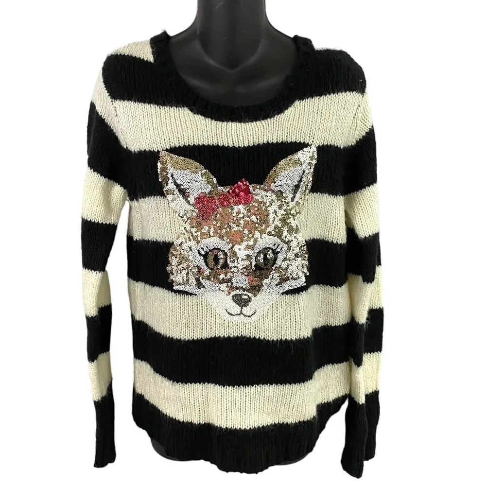 Justice Sequin Critter Fox Black White Striped Sweater Size 20